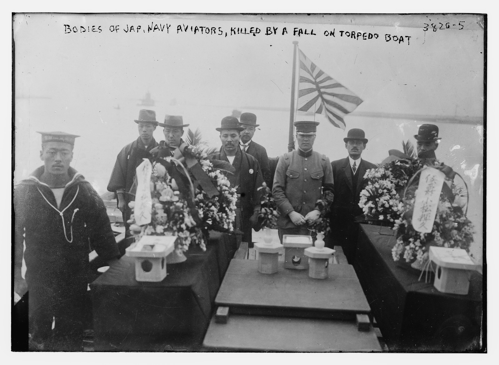 Bodies of Jap. Navy Aviators, Killed by a fall on Torpedo Boat, n/a — historic photograph