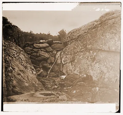 Gettysburg Pennsylvania. Body of Confederate sharpshooter