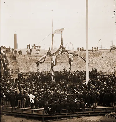 Charleston South Carolina. Flag-raising ceremony at Fort Sumter. (Generals Robert A