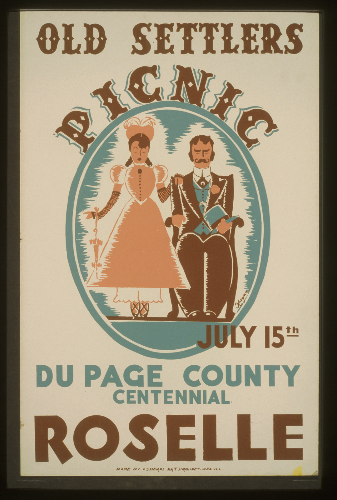 Old settlers picnic--July 15 Du Page County Centennial Roselle / Kreger., 1936 — vintage poster