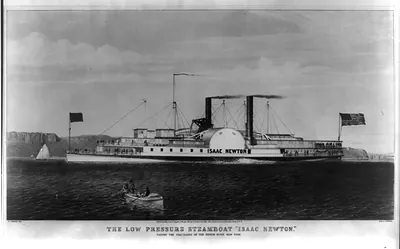 The low pressure steamboat Isaac Newton": passing the palisades on the Hudson River New York"