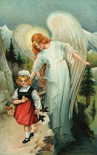 Guardian angel leading a child along a mountain path