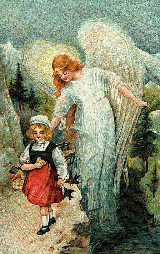 Guardian angel leading a child along a mountain path — historic image