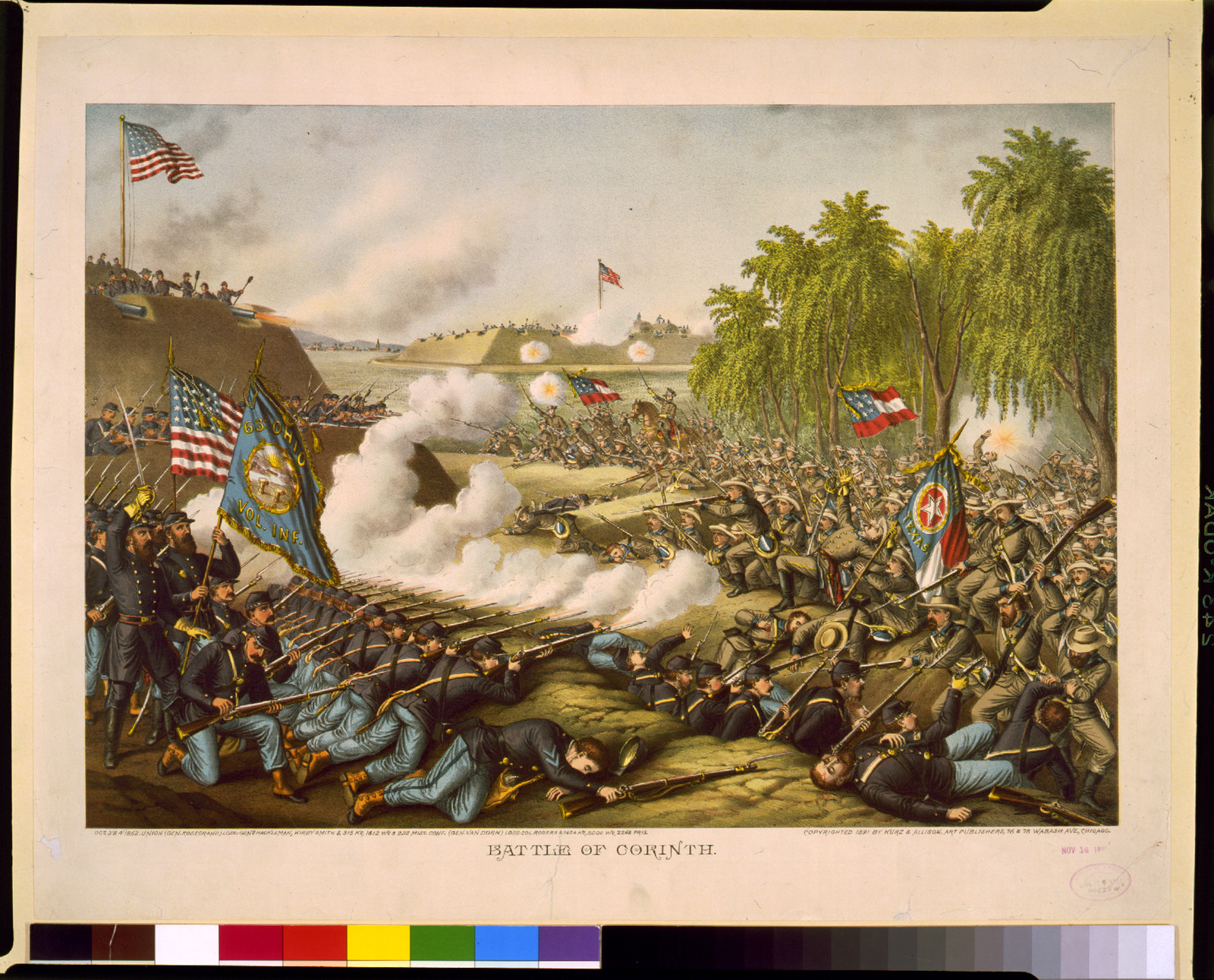 Battle of Corinth--Oct 3 & 4 1862--Union (Gen. Rosecrans). Loss: Gen. Hackleman, Kirby Smith ... Conf. (Gen. Van Dorn). Loss: Col. Rogers ..., c1891. — antique lithograph