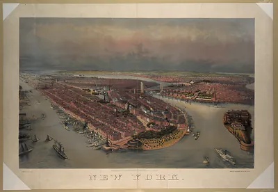 Bird's-eye view of New York, lithograph with 'NEW YORK' lettering