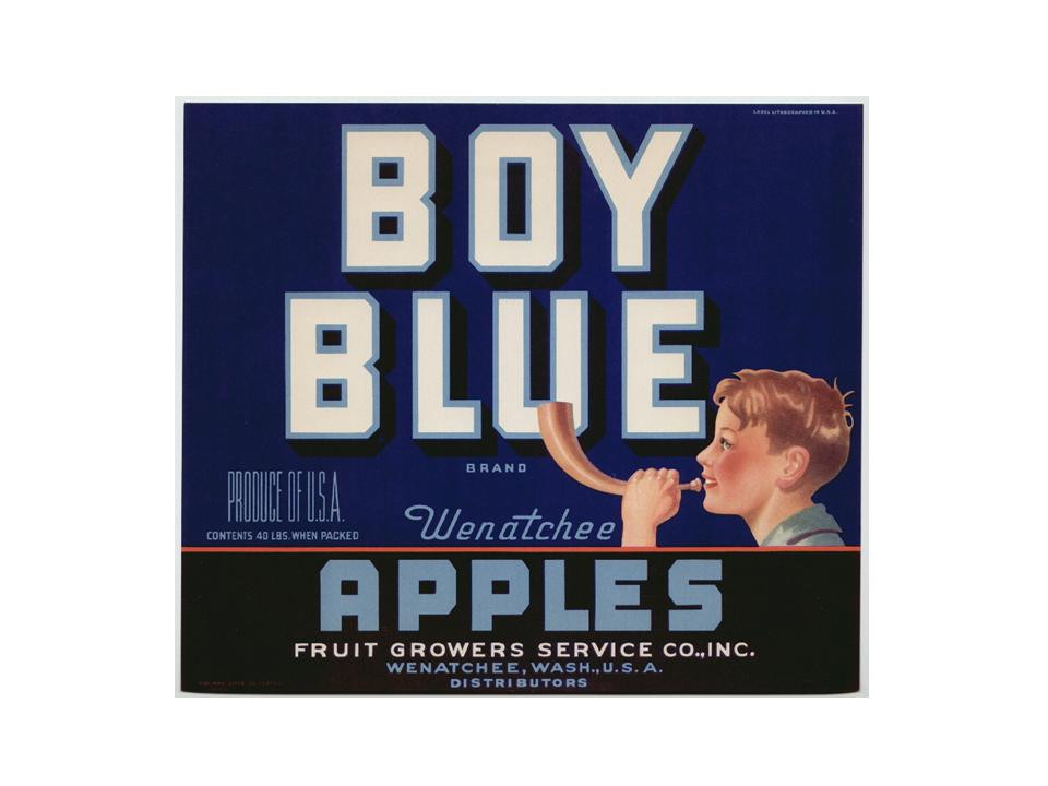 Boy Blue Wenatchee Apples crate label with boy horn player — historic image