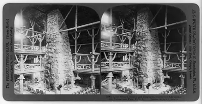 Great stone chimney and fireplaces, interior of Old Faithful Inn, Yellowstone National Park
