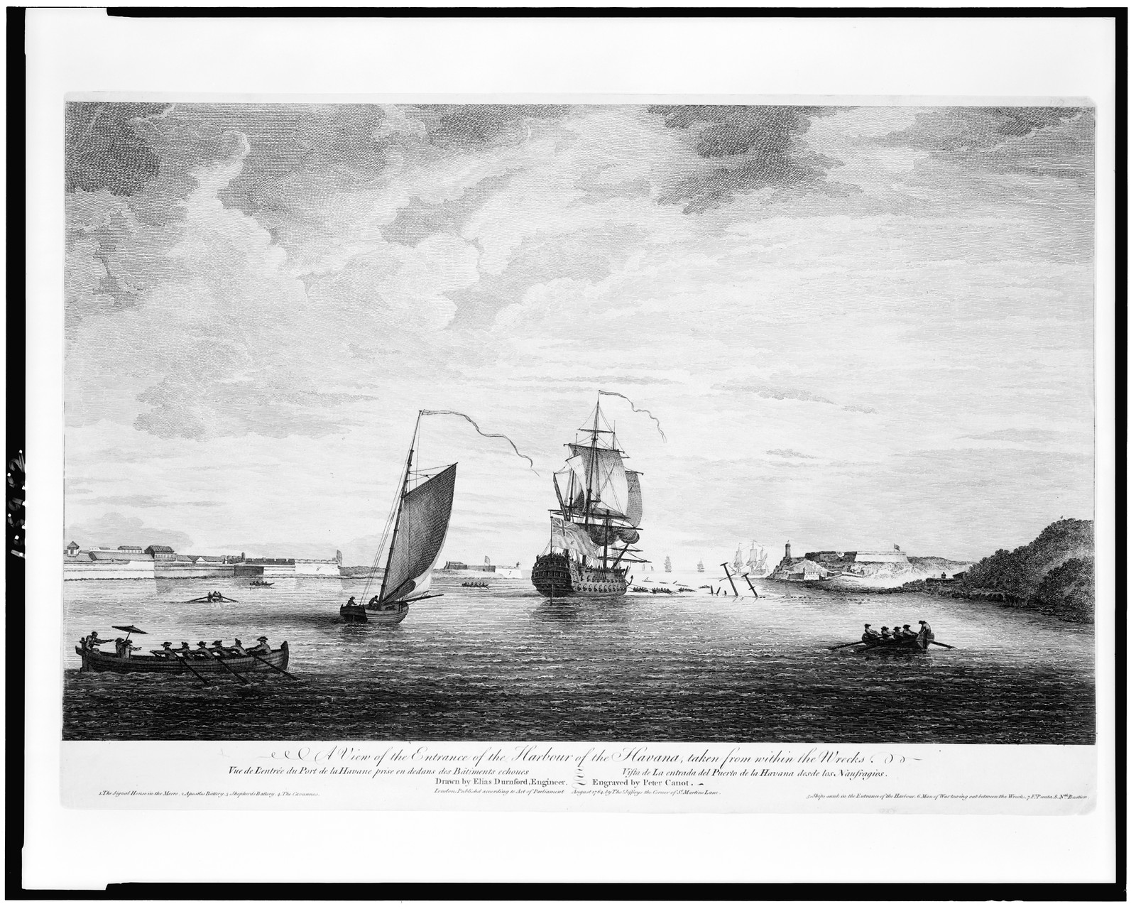 A view of the entrance of the harbour of the Havana, taken from within the wrecks / drawn by Elias Durnford, engineer ; engraved by Peter Canot., London : Thos. Jefferys, 1764. — antique engraving