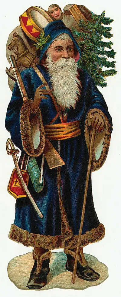 Vintage Santa Claus in blue robe with toys and tree