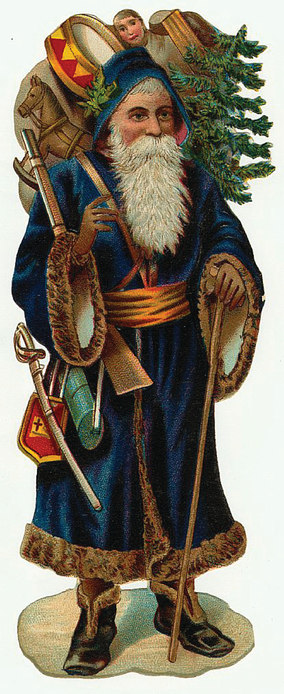 Vintage Santa Claus in blue robe with toys and tree — historic image