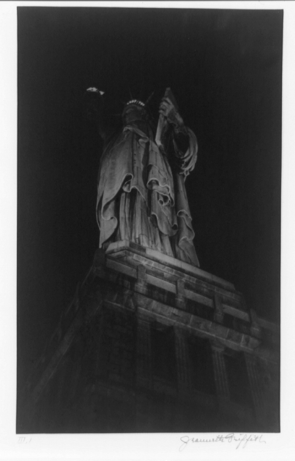 [Statue of Liberty: Perspecitve study at night from the promenade], [1938?] — historic photograph