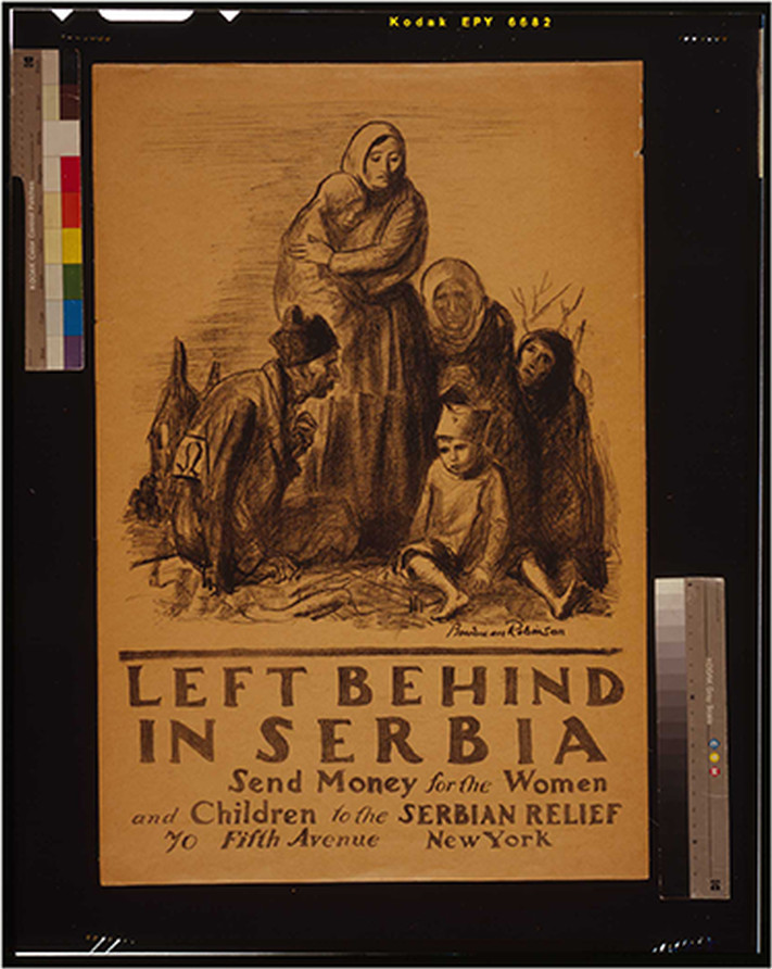Left behind in Serbia - Send money for the women and children to the Serbian Relief 70 Fifth Avenue New York / Boardman Robinson., 1918 — vintage poster