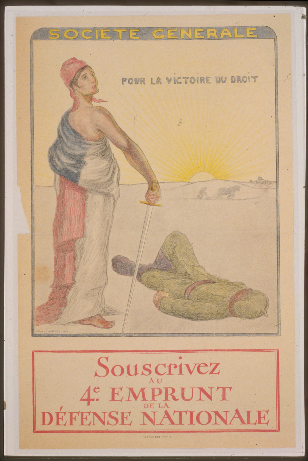 Socieacuteteacute Generale. Pour la victoire du droit. Souscrivez au 4e Emprunt de la Deacutefense Nationale, 1918 — vintage poster