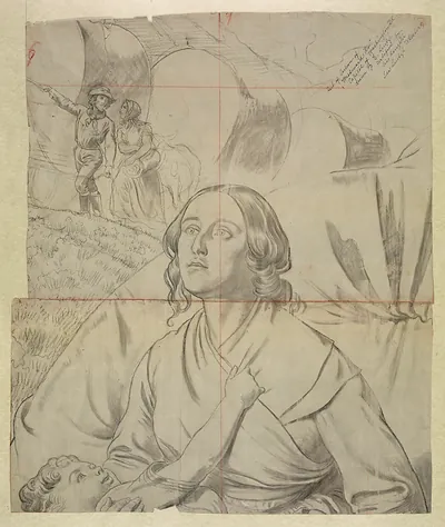 [Study for Westward Ho!" showing figures with wagon train from "Westward the course of empire takes its way"]"