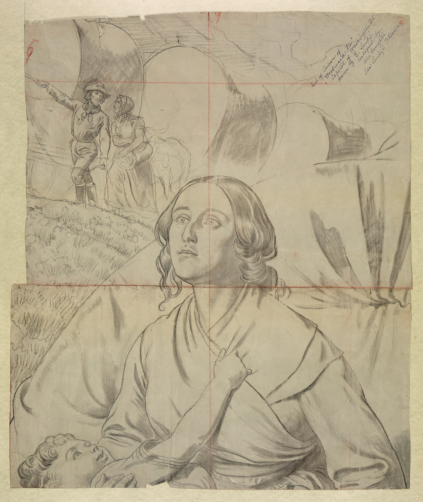 [Study for Westward Ho!" showing figures with wagon train from "Westward the course of empire takes its way"]", [1861?] — historic drawing