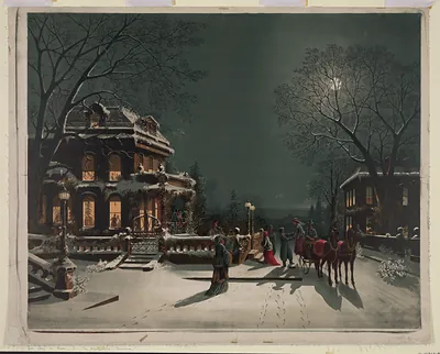 Snowy Christmas Night Scene With Sleigh and Figures