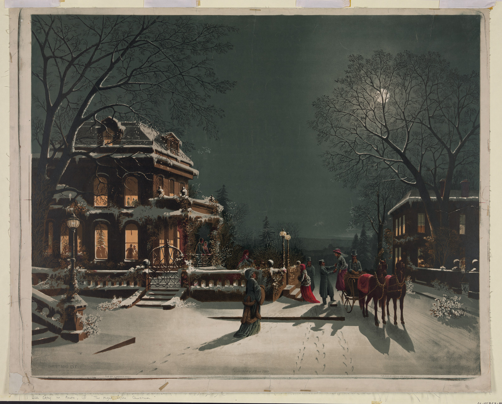 Snowy Christmas Night Scene With Sleigh and Figures — historic image
