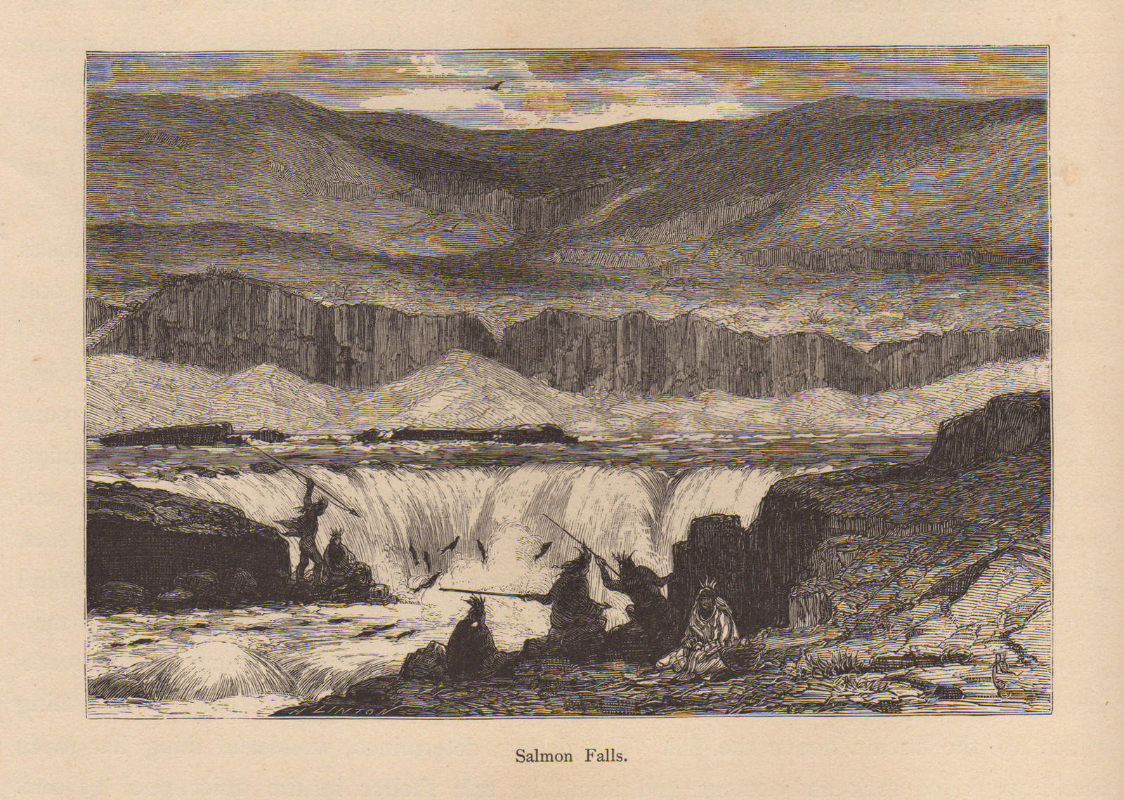 Salmon Falls: Native fishermen spearing salmon at waterfall — historic image