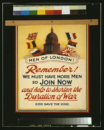 Men of London! Remember! We must have more men so join now and help to shorten the duration of the war. God save the king / printed by Andrew Reid & Co., Ltd., 50, Grey Street, Newcastle-on-Tyne.