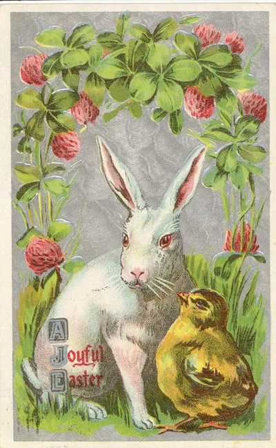 A Joyful Easter greeting card with rabbit, chick and clover