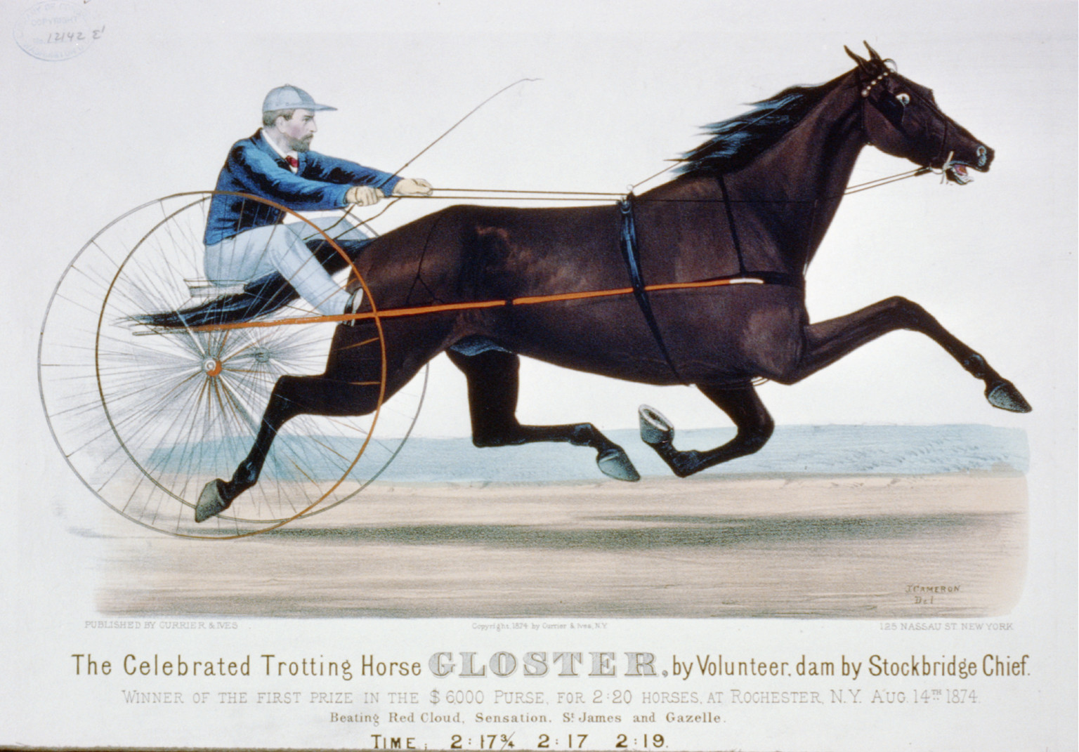 The celebrated trotting horse Gloster by volunteer, dam by Stockbridge Chief: Winner of the first prize in the $6,000 purse, for 2:20 horses, at Rochester, N.Y. Aug. 14th 1874, [New York] : Currier & Ives, 1874. — antique lithograph