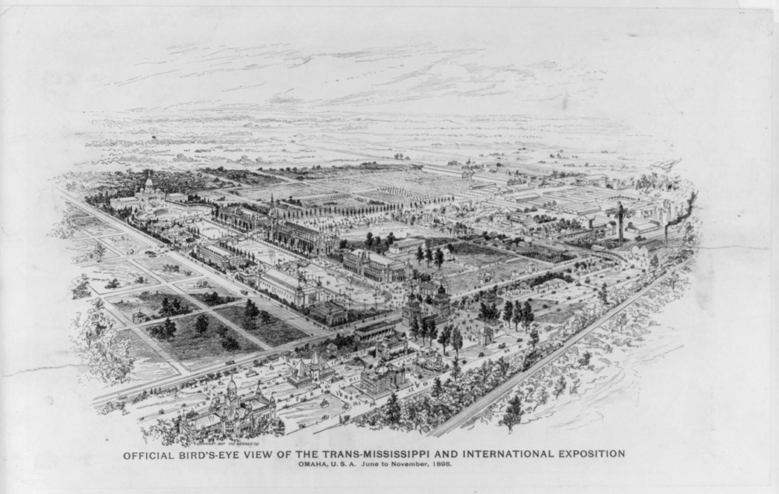 Official bird's-eye view of the Trans-Mississippi and International Exposition, Omaha, U.S.A., June to November, 1898, c1897. — historic print