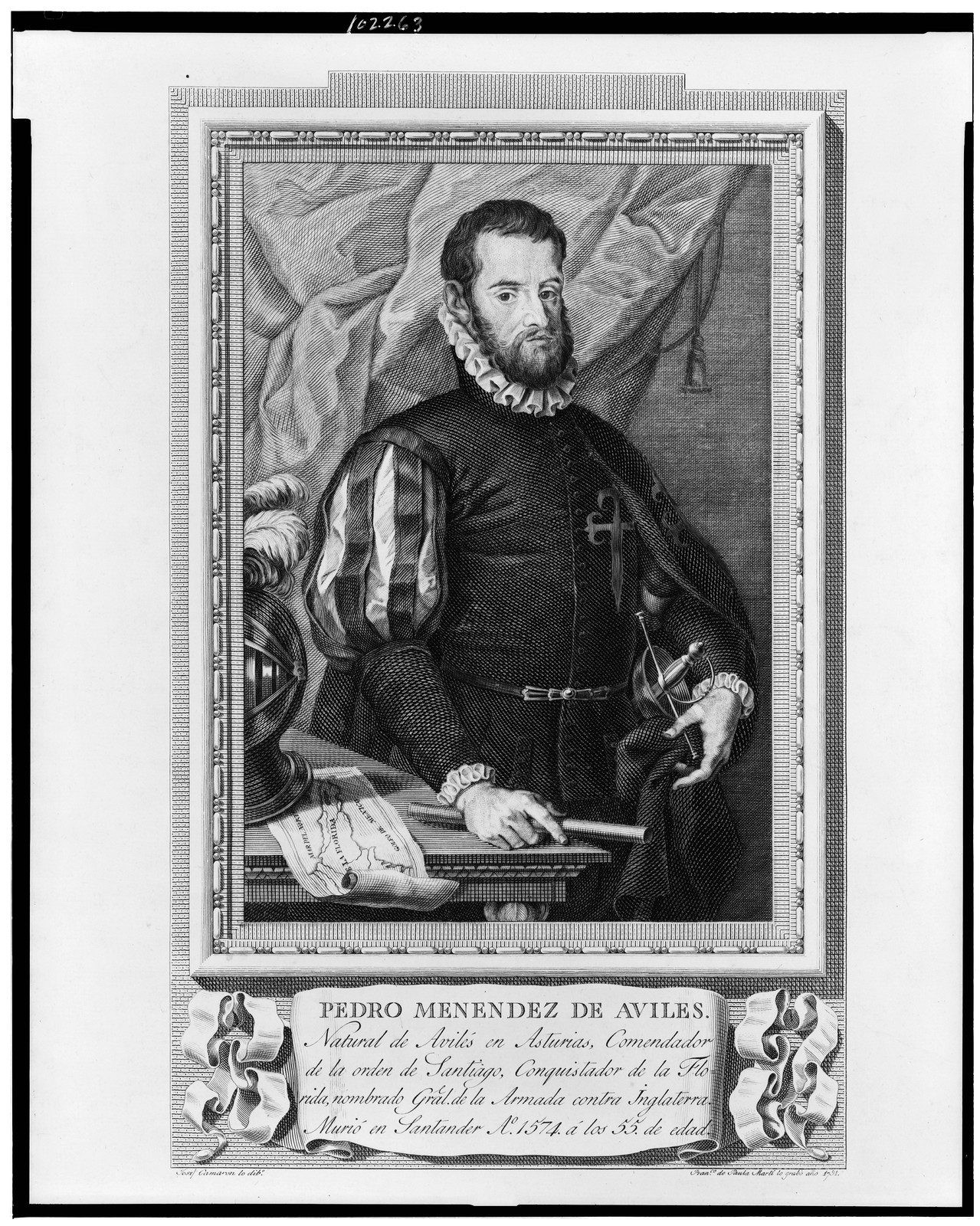 Pedro Menendez de Aviles / Josef Camaron lo dibo. ; Franco. de Paula Marti lo grabo ano 1791., [1791] — antique engraving