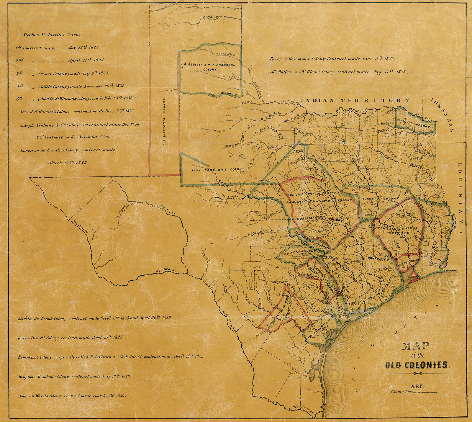 Presslers 1857 old colonies, Texas — antique map