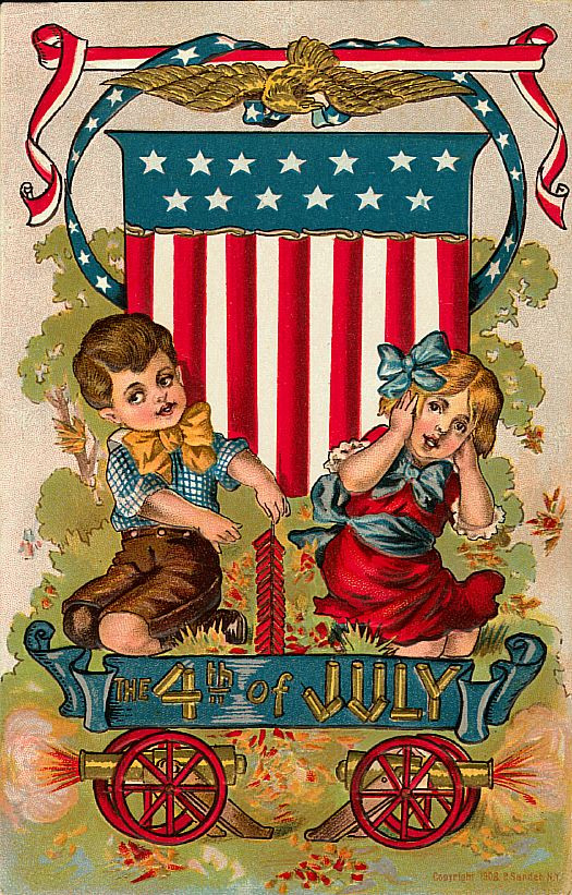 The 4th of July: children with cannons and flag shield — historic image