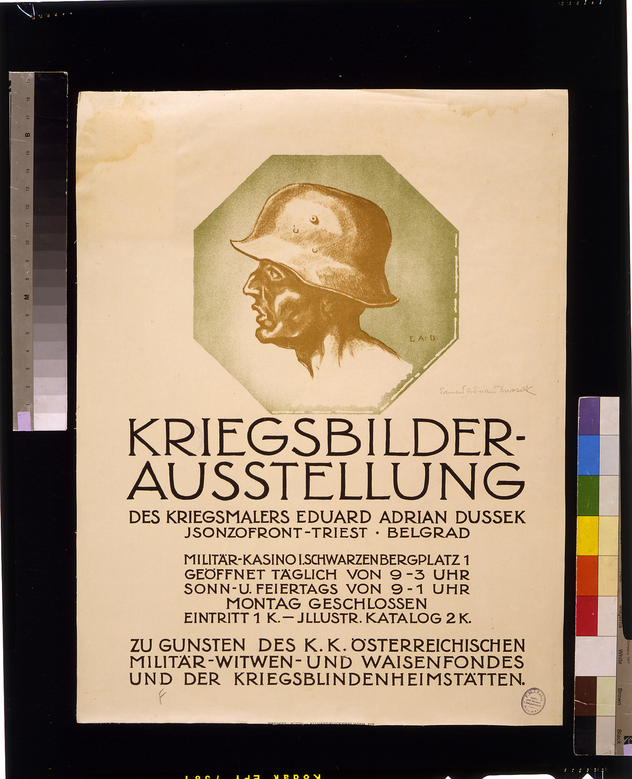 Kriegsbilder-Ausstellung exhibition poster with helmeted soldier, 1918 — vintage poster