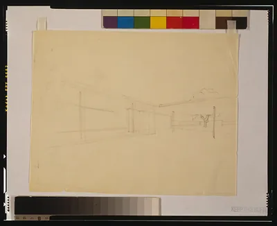 [House (One-bedroom Court House") Sketch exterior to interior perspective]"
