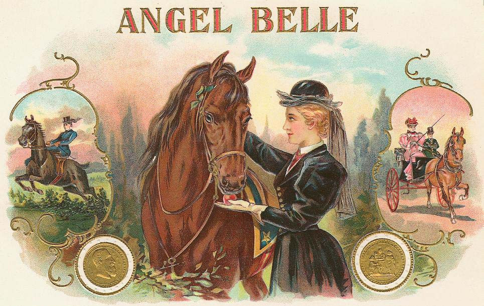 Angel Belle cigar box label with horse and rider — historic image