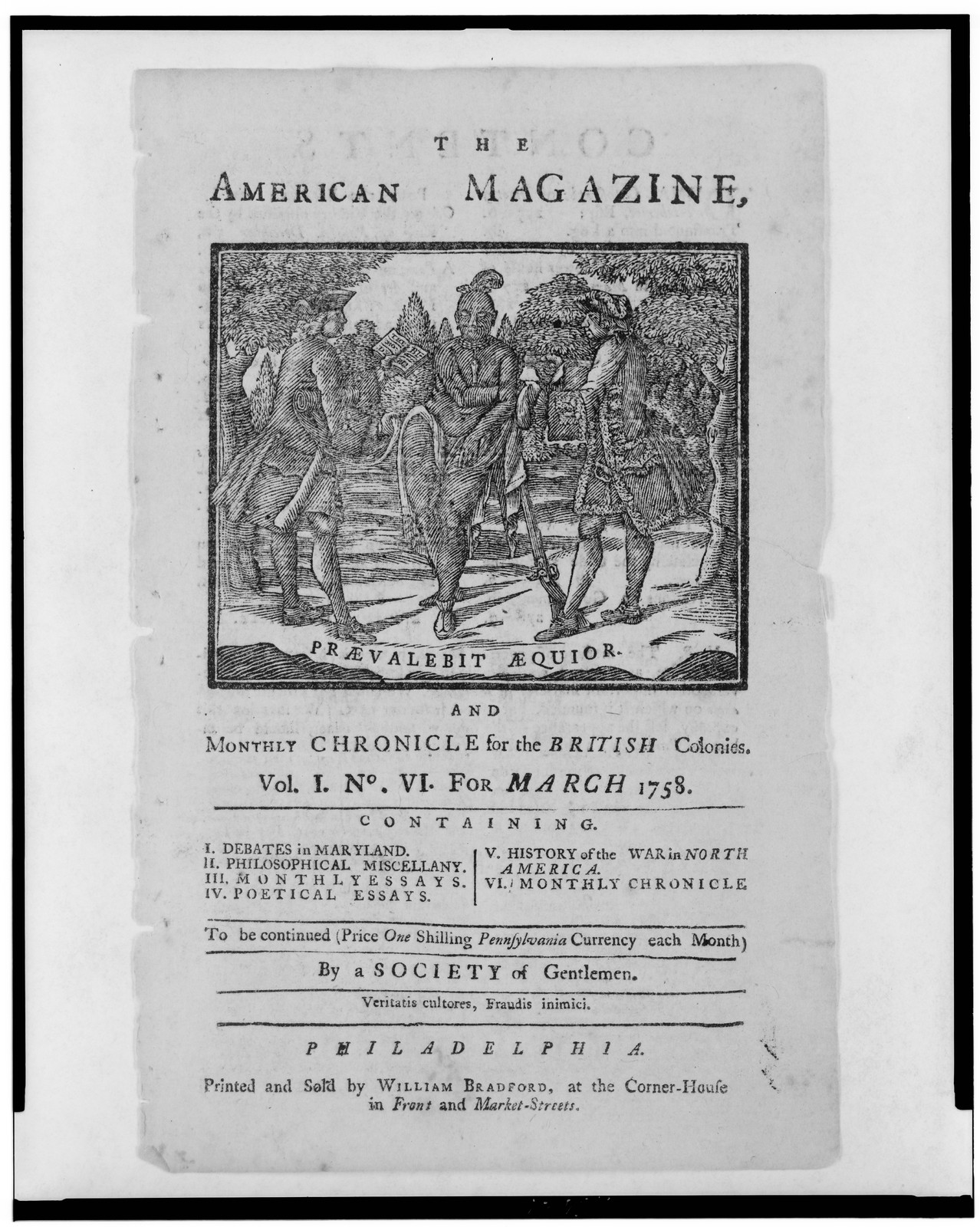 The American magazine, and monthly chronicle for the British colonies Praevalebit aequior., [1758] — historic print