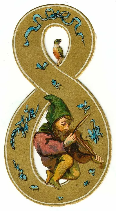 Gnome playing violin on a gold figure-eight die-cut