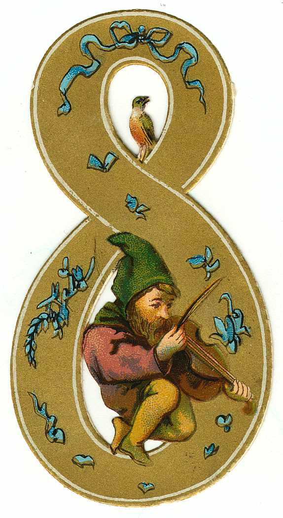 Gnome playing violin on a gold figure-eight die-cut — historic image