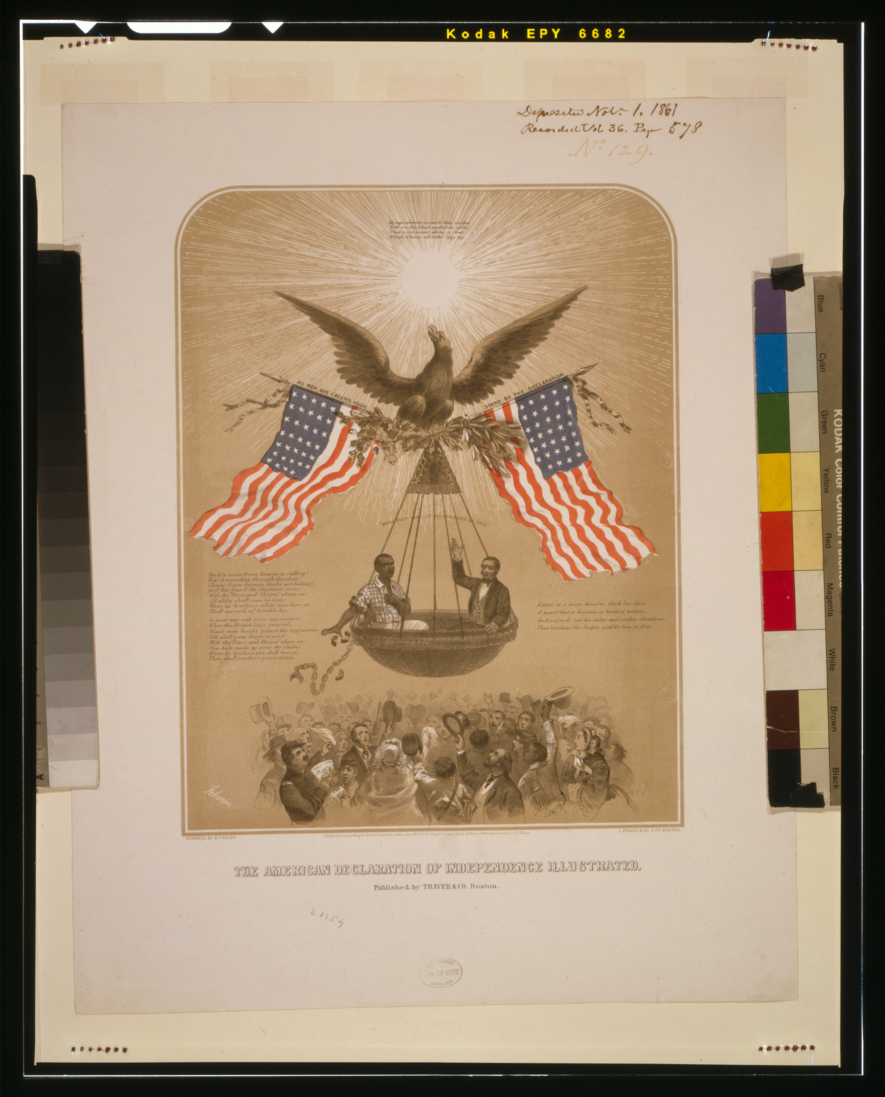 The American Declaration of Independence illustrated / Fabronious ; designed by R. Thayer ; L. Prang & Co. Lith., Boston., [Boston] : Published by Thayer & Co. Boston, c1861. — antique lithograph