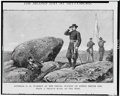 General G.K. Warren at the signal station on Little Round Top / ARW.