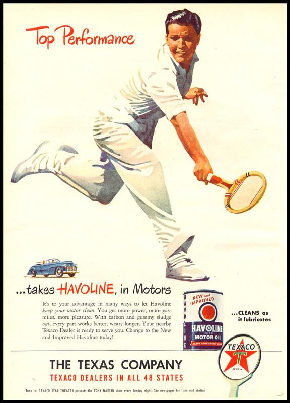 Texaco Havoline motor oil advertisement with tennis player — historic image