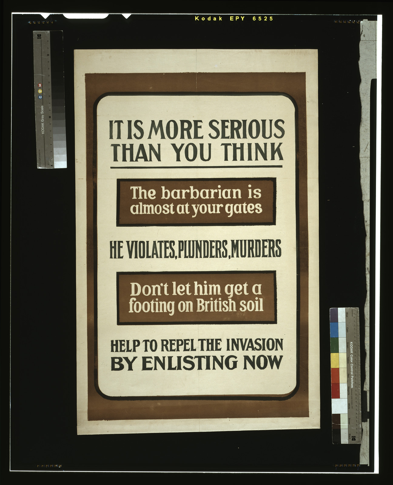 It is more serious than you think. The barbarian is almost at your gates. He violates, plunders, murders. Don't let him get a footing on British soil. Help to repel the invasion by enlisting now, [S.l. : s.n., 1915] — vintage poster