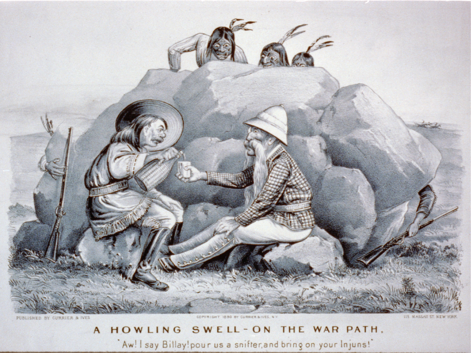 A howling swell--on the war path: aw! I say billay! pour us a snifter and bring on your injuns!"" — antique lithograph
