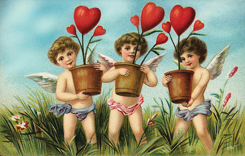 Three cherubs holding heart-shaped plants, vintage Valentine card — historic image