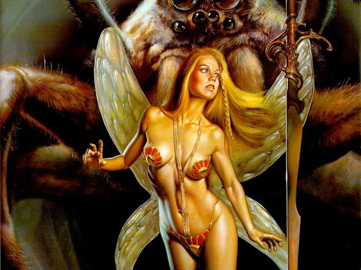 Winged woman with a sword before a giant spider — historic image