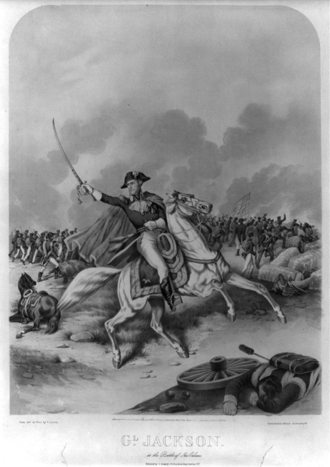 Gl. Jackson--At the Battle of New Orleans / comp. and on stone by C. Severin., N.Y. : Published by C. Seweryn [sic], c1856. — antique lithograph