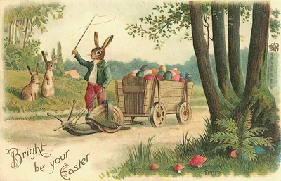 Rabbit driving snail cart of eggs, Easter postcard