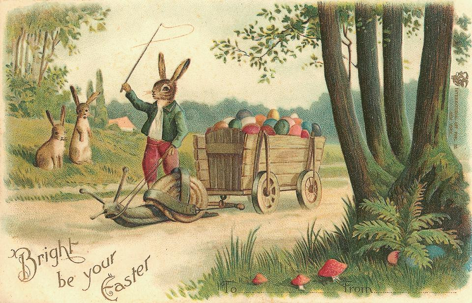 Rabbit driving snail cart of eggs, Easter postcard — vintage postcard