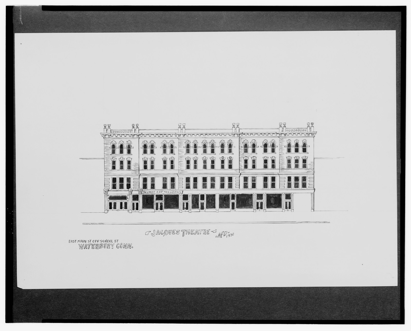 [Jacques Theatre, East Main St. opposite School St., Waterbury, Connecticut] / AFD 1930., And Engineering (ADE) Drawings — vintage poster