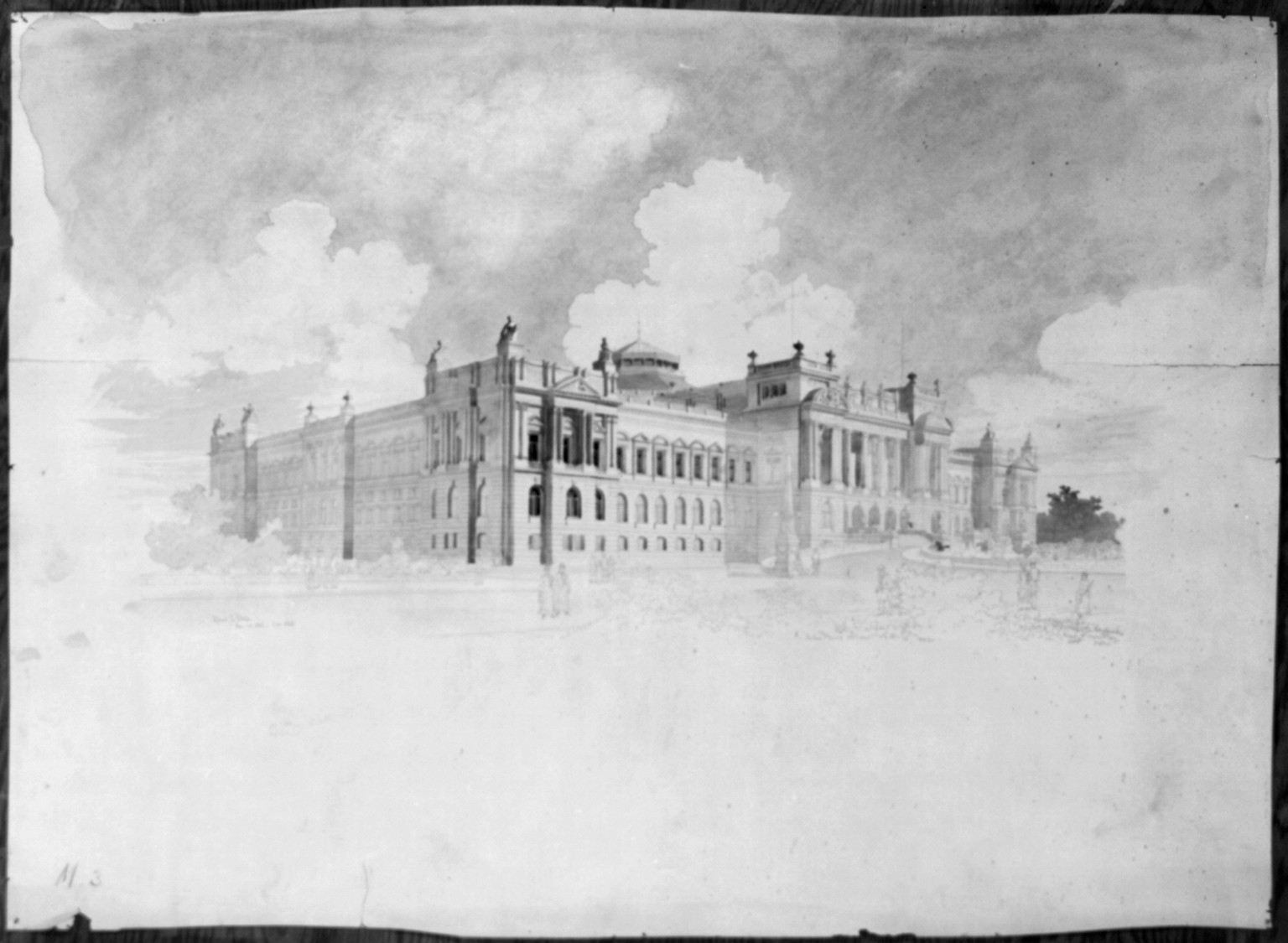 [Library of Congress, Washington, D.C. Exterior perspective rendering], and Engineering (ADE) Drawings" (http://www.loc.gov/rr/print/res/103_ade.html)." — historic drawing