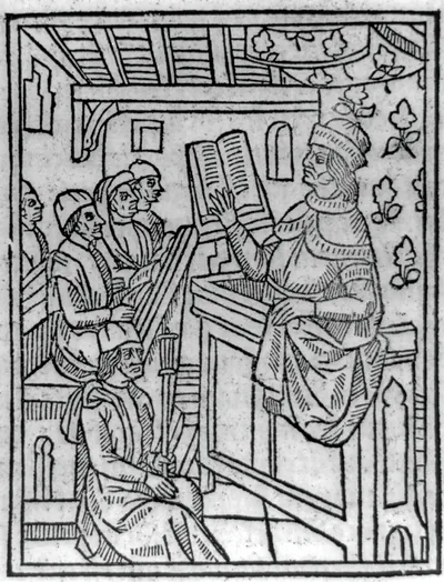 Teacher reading from open book at lectern