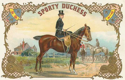Sporty Duchess cigar label with horsewoman and hunt scene