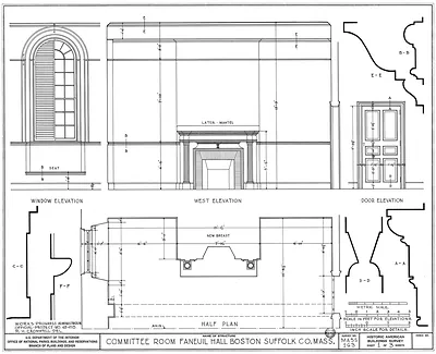 Committee Room, Faneuil Hall, Boston: HABS architectural drawing elevations and plan